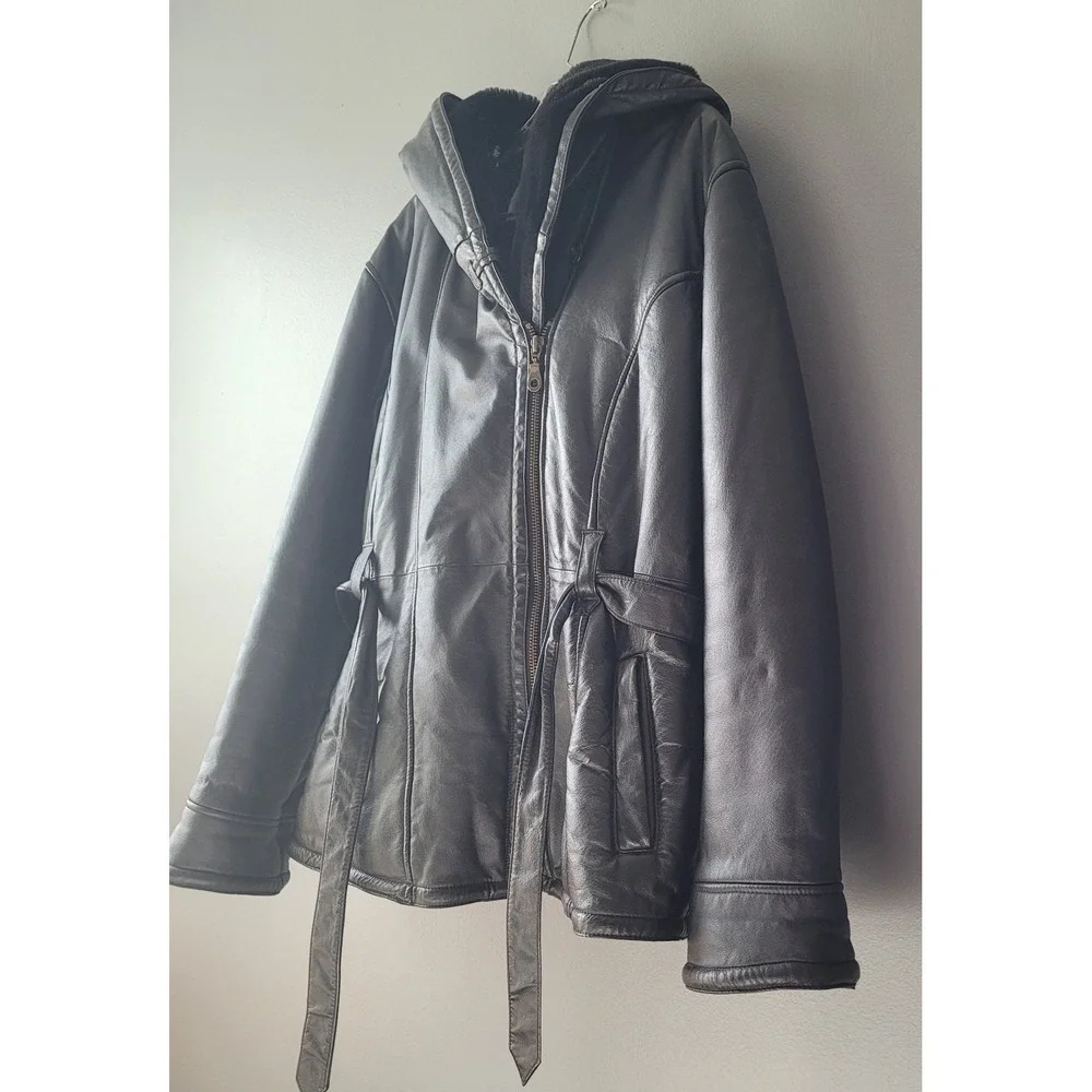 Wilsons Leather Women's Black Tie Waist Zipper Leather Faux Fur Coat Sz L W/Hood - Picture 8 of 14